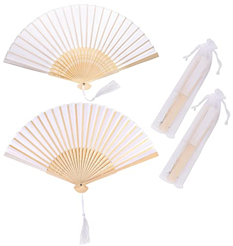 Handfächer, 2er Klein Handfächer aus Stoff für eine Abkühlung im Sommer, Faltbar Fächer mit Quaste und Fan-Tasche - für Hochzeite Bevorzugung Aufführung Tanz Dekoration (Weiß)