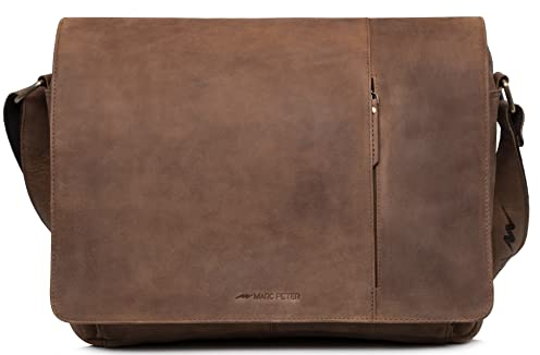 Marc Peter® Bergen leder Umhängetasche für Herren Damen | 15.6 Zoll Laptoptasche | Aktentasche aus echtem Büffelleder Cognac