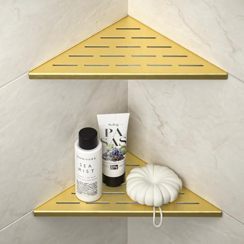 Bernkot Corner Shower Shelf, 304 Stainless Steel Bathroom Shelf for Tiled Wall, Grout in Shelves (Gold, 10-2 Pack)