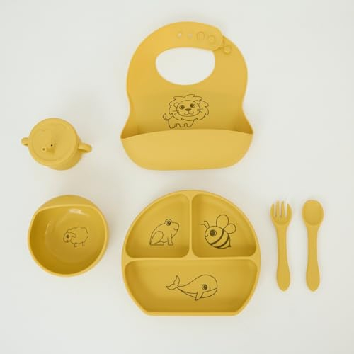 Vajilla Infantil, Vajilla de Silicona para Bebés Antideslizante con Ventosa-Babero Plato Cuchara Tenedor y Taza-Sin BPA-Producto Aprendizaje Infantil-Plato con ventosa-Vajilla bebé-Regalo