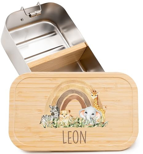 Kidsmood - Personalisierte Brotdose Kinder mit Fächern – Edelstahl Snackbox mit Fächern für Schule & Kindergarten – Lunchbox mit Bambusdeckel für Einschulung Mädchen & Jungen [Safari-Tiere]