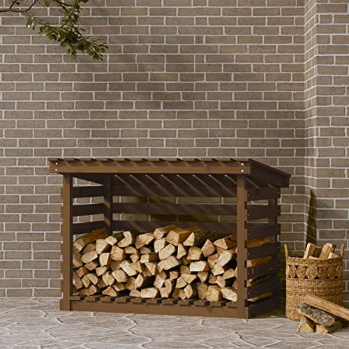Firewood Rack Honey Brown 108x73x79 cm Solid Wood Pine for Indoor Outdoor, Log Storage Shelf with Metal Holder, Ventilated Firewood Stand Carrier