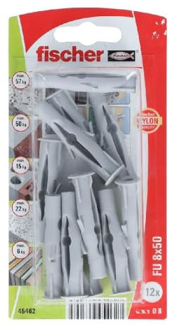 Fischer Lot de 12 prises universelles sans expansion Gris Fu 8 x 50 mm 45462