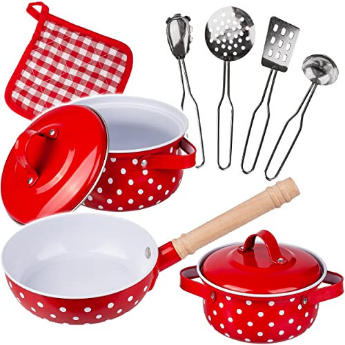 alles-meine.de GmbH 10 TLG. Set Kinder - Kochset & Topfset - Puppengeschirr/Kochtopfset - Antihaft - aus Metall/echte Edelstahl Blech Töpfe/Panne + Küchenhelfer - Kochges..