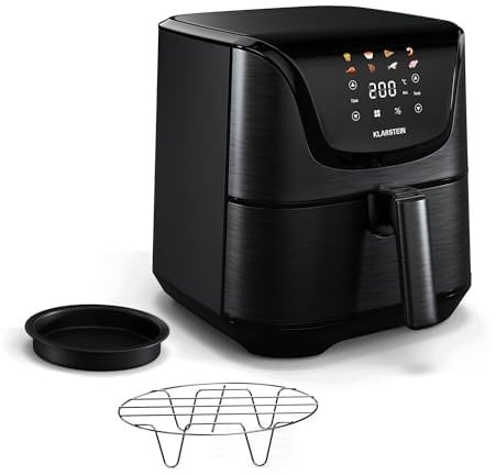 Klarstein AeroVital Deluxe - Friggitrice Ad Aria, 5L, 1700W, Display Touch, 8 Programmi, Rivestimento Antiaderente, Griglia & Teglia Per Pizza, Cool-Touch, Timer & Controllo Temperatura, Nero