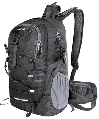 MOSISO 30L Wanderrucksack Leichtes Daypack Packable Rucksack für Männer,Frauen Lässige Faltbare Tagesrucksack Umhängetasche mit 2 Fronttaschen&Elastischem Kordelzug für Reisen Outdoor Camping,Schwarz