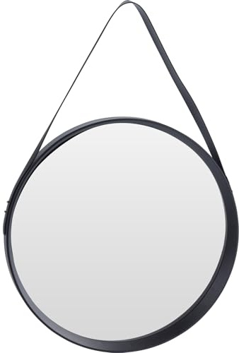 WELL HOME MOBILIARIO & DECORACIÓN Runder Spiegel Ø 51 cm mit schwarzem Rahmen und Gürtel aus PV-Leder