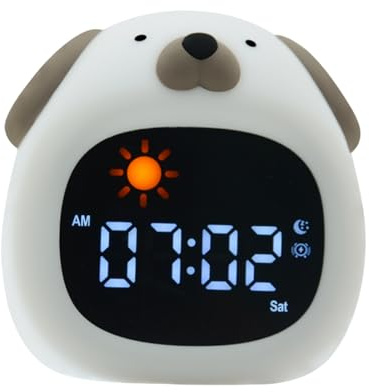 Longben Wecker mit Nachtlicht, Hund wiederaufladbar Wecker, 6 Weißrausch-Klänge, Schlummerfunktion, 12/24H, Warmweiß & 8 Farben Licht, Silikonlampe, Hund
