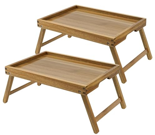 VaeFae 2-Pack Acacia Bed Tray, Wooden Breakfast Tray with Folding Legs, M | Bed Table for Eating, Multi-Purpose Lap Desk for Laptop, Bed & Sofa