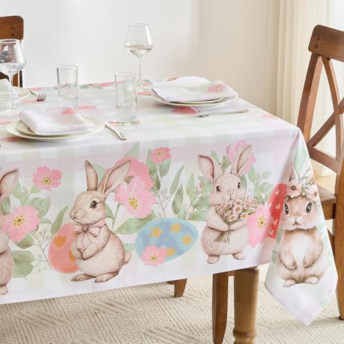 FIBORIA Ostertischdecke 240x140 cm Abwaschbare Bunte Karierte Kaninchen-Tischdecke Outdoor Wasserabweisend Rechteckig Modern Tablecloth Für Gartentisch Frühling Garten Party Geburtstag Camping Küche