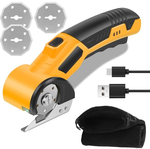 Elektrischer Kartonschneider 300RPM Wolfram-Klinge 3.6V Akku-Universalschneider 1500mAh doppelsicherer Schalter Type-C kabellose Rollschneider elektrische Schere für Leder Teppich Pappe Stoff (Gelb)
