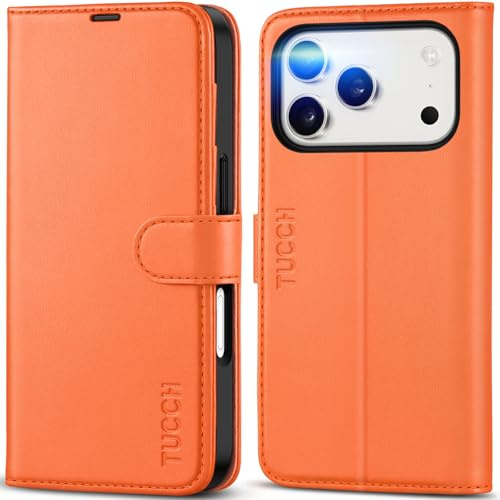TUCCH Kompatibel mit iPhone 18 Pro und iPhone 17 Pro Hülle (6,3), Orange | Magnetische Handyhülle, RFID-Blocker, 4 Kartenfächer, Klappständer, Premium PU-Leder, Stoßfeste TPU-Innenhülle, Schutzhülle
