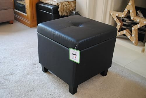 Lymm Home Furnishings Black Real Genuine Leather Storage Footstool Ottoman Pouffe with Wooden Legs