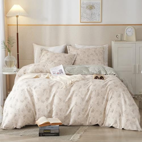 HighBuy Boho Floral Duvet Cover Queen Cotton Aesthetic Bedding Set, Comforter Cover Set, Reversible Green Garden Lightweight,Soft, Zipper Closure, Breathable