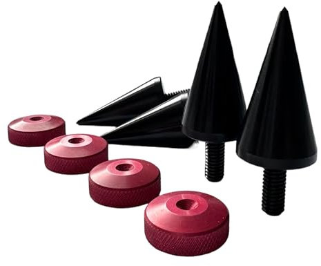 Precisiongeek Lautsprecherspikes M6, 20mm Durchmesser Aluminium andised Black und Lautsprecherpads Aluminium eloxiert Red 20mm Durchmesser mit gerändelten Kanten, Limited Edition