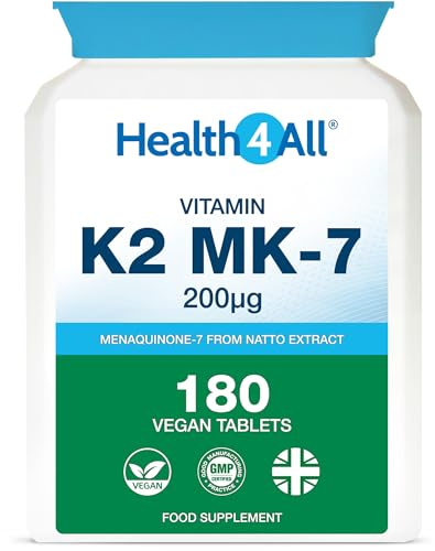 Natural Vitamin K2 MK7 200mcg from Natto, 180 Tablets, 6 Months Supply | All-Trans MK-7 (Menaquinone-7) from Beans Fermentation, High Strength VitK2 Vitamin Supplement | Made in UK by Health4All