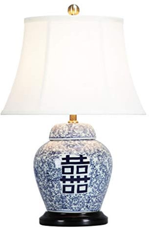 Fine Asianliving Chinesische Tischlampe Porzellan mit Schirm Doppel Glück B38xT38xH58cm mit Lampenschirm E27 China Orientalische Tischleuchte Keramik Nachttischlampen Asia