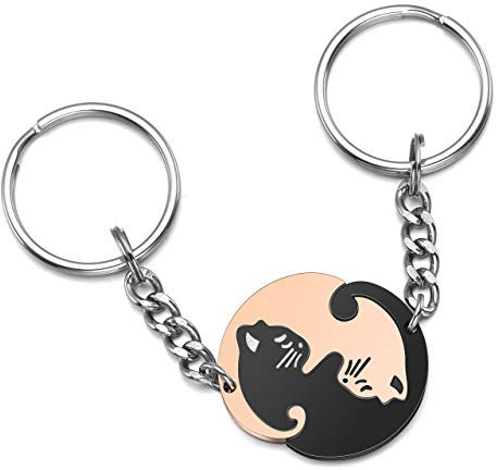 Zysta Porte-clés pour couple en acier inoxydable avec pendentif puzzle chat noir et blanc le yin et le yang, porte-clés de l'amour ou de l'amitié, cadeau pour lui/elle, Or rose + noir, 25mm