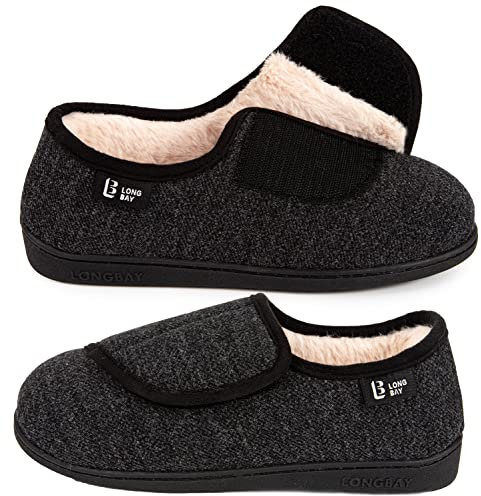 LongBay Women's Diabetic Wide Fit Memory Foam Slippers Comfy Cozy Arthritis Edema House Shoes,NEW Black,7UK