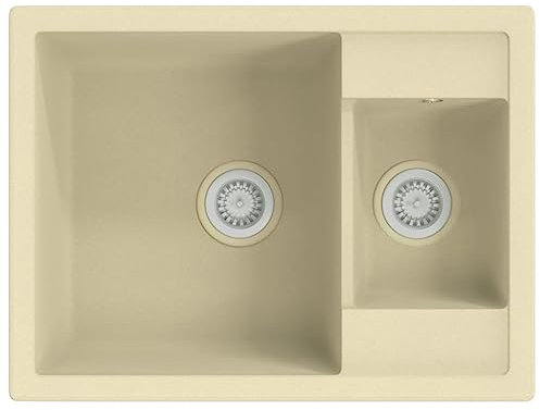 vidaXL Fregadero de Cocina Doble Seno con Rebosadero Granito Eliminar Restos Profundidad Extra Montaje por Encima Empotrado Debajo Decoración Beige