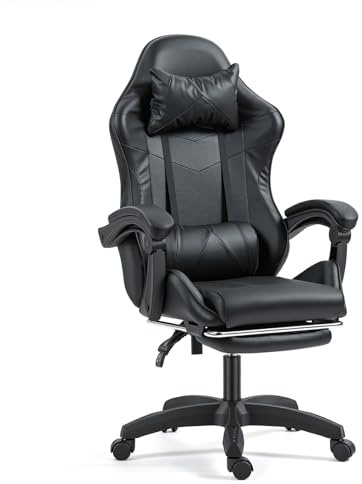 Panana Racing Style Gaming Chair, Office Chair with Lumbar Support Swivel Chair with Armrest PU Leather High Back (Black, with Footrest)