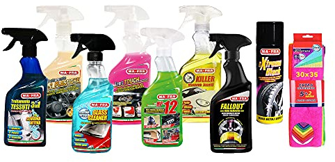 MAFRA Textilbehandlungsset 3in1, Kunststoffbehandlung 3in1, Glasreiniger, Last Touch, HP12, Killer entfernt Insekten, Fallout, Extreme Black plus 7er Pack Mikrofasertücher 30x35cm