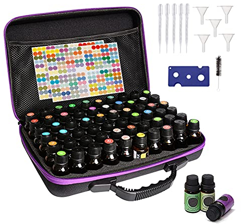 Box für ätherisches Öl, 60 Flaschen, wasserdicht, Aromatherapie, Aufbewahrungstasche, stoßfest, Kulturbeutel, Reise + Aufkleber im Lieferumfang enthalten (Violett)