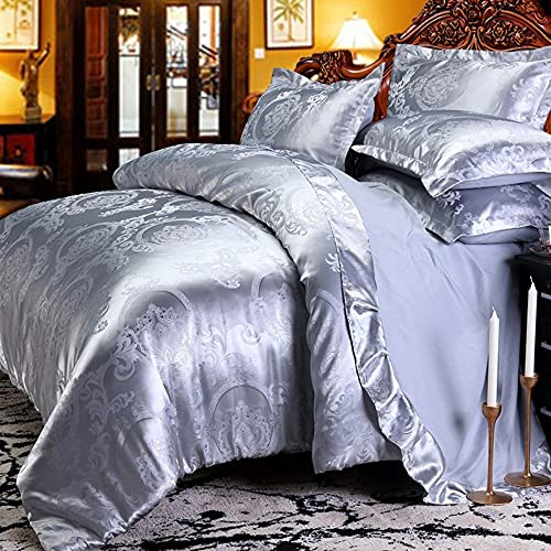 DXHOME Bettwäsche 135x200 cm 4teilig Silver Grau Hellgrau Blumen Blumenmuster Satin Deckenbezug Glatt Luxus Jacquard Bettbezug Luxuriös Romantisch Wendebettwäsche Set