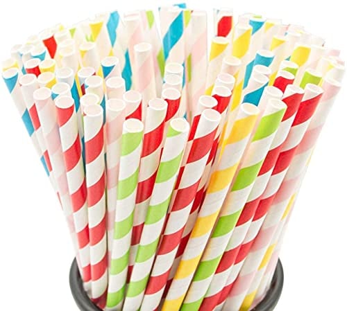 MVS Wholesale 200 Disposable Biodegradable Assorted Colours Striped Paper Drinking Straws Cocktails, Milkshakes, Pop, All Occasions, Party, Office, Home. (SPS200)