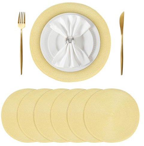 BAOFIN Placemats Set of 6, Round Braided Placemats for Indoor and Outdoor Dining Table, Washable Woven Placemats,15 inch (Straw Yellow)
