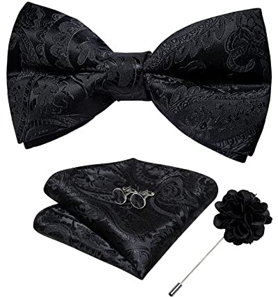 DiBanGu Black Bow Ties for Men Silk Paisley Bowtie Set with Pocket Square Lapel Pin Cufflinks Adjustable Bowtie Wedding Prom