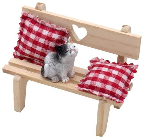 ZauberDeko Wichtel Zubehör Holzbank Herz Kissen Katze sitzend Puppenhaus Miniatur Set 4-teilig