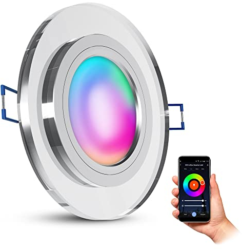 SSC-LUXon flache WiFi Einbauleuchte dimmbar aus Glas 230V inkl. Smart RGB+ Lampe - Downlight kompatibel mit Alexa, Siri & Google