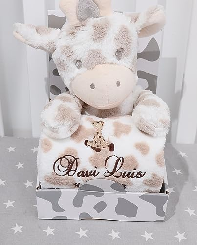 BotoBaby® - Geschenk-Set - Babydecke mit Namen und Geburtsdatum mit Motiv + Plüschtier - Geschenk Taufe Geburt Baby-Shower (Beige - Giraffe)