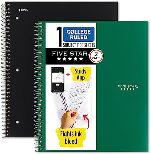 Five Star Spiral-Notizbuch + Lern-App, 2 Stück, 1 Thema, College liniertes Papier, bekämpft Tintenentlaufen, wasserabweisender Einband, 21,6 x 27,9 cm, 100 Blatt, schwarz, grün (820187)