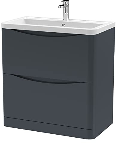 nuie LUN1403A Lunar Modern Bathroom Floor Standing 2 Drawer Vanity Basin Unit with Ceramic Basin, 800mm, Soft Black
