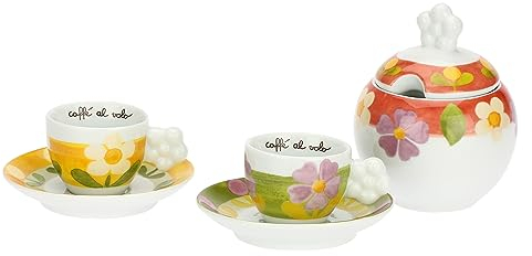 THUN, Set 2 Tazzine Espresso e Zuccheriera in Porcellana Decorata a Mano con Motivi Floreali, Linea Florianne, 20.5x7.5x10.3 cm h, Capienza 1000 ml