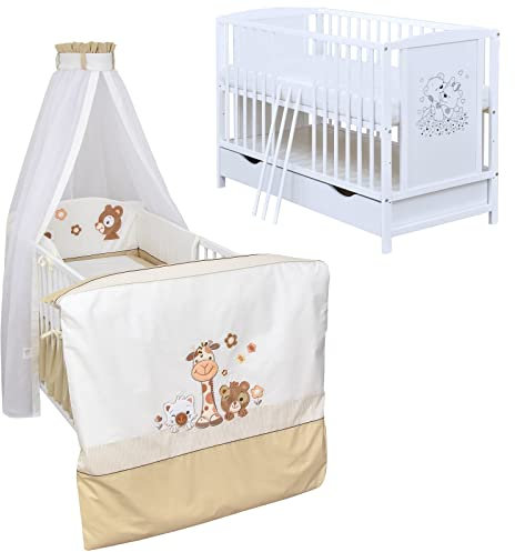 Generisch Baby Delux Babybett Komplett Set Mia umbaubar zum Juniorbett weiß 120x60 Matratze Schublade Schutzgitter Bettset Premium (Safari)