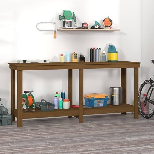 vidaXL Werkbank, Arbeitstisch mit viel Stauraum, Werktisch für Werkstatt Garage, Werkstatttisch Tisch Werkstattbank, Honigbraun Massivholz Kiefer