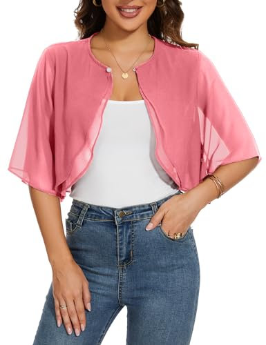 HANERDUN Boléro Femme Festif Elégant Cardigan Mousseline Manches Court Veste d'épaule Parfait avec Toutes Sortes de Robe de Cocktail Robe de Soirée