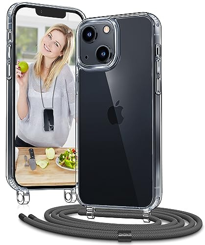 Vaykwo Handykette für iPhone 13 Mini Hülle mit Band, Grau | Necklace Handyhülle, Transparente Case zum Umhängen, Verstellbar und Abnehmbar