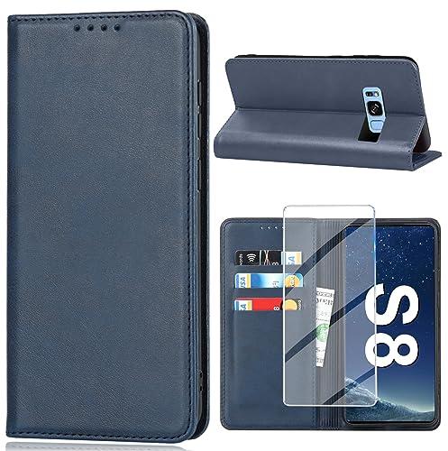 Handyhülle für Samsung Galaxy S8 Hülle mit Schutzfolie, Schutzhülle Galaxy S8 PU Leder Wallet Kartenfach Ständer Klapphülle Lederhüllen Case für Samsung S8 Tache Cover (Blau)