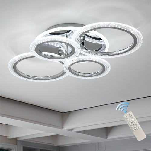 Qcyuui LED Deckenleuchte 58W, Dimmbar mit Fernbedienung, 4 Ringe Acryl Deckenlampe, Moderne Unterputz Deckenleuchte für Wohnzimmer, Esszimmer, Schlafzimmer, Chrom