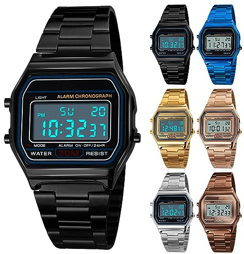 Yuehuamech Herren- Digital- Quarz- Uhr, Luxus- Business- Armbanduhr 30M Elektronischer Chronograph wasserdichte Digitaluhr Sportuhr mit Edelstahlarmband LED- Hintergrundbeleuchtung
