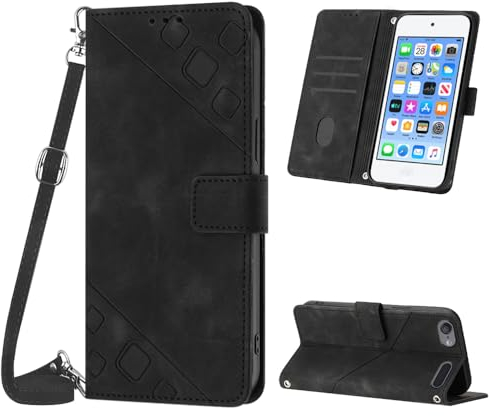 Mo-Beauty Hülle mit iPod Touch 7/6 / 5, PU Leder Flip Crossbody Handyhülle, verstellbare abnehmbare Halskette [Ständer] [Kartenfach] [Magnet] Schutzhülle für iPod Touch 7 - Schwarz