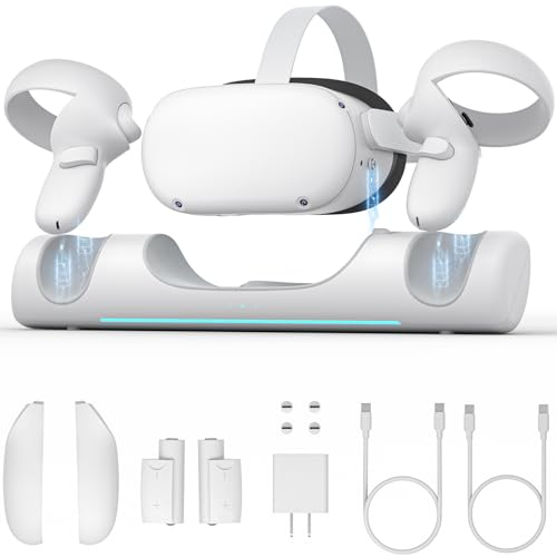 ZYBER Ladestation für Meta Quest 2, VR-Ladestation für Oculus Quest 2, kabelloser Ladeständer für Quest 2 Controller, wiederaufladbare Akkus (unterstützt den Elite-Ladegurt mit Akku)