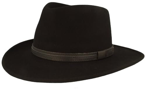 Breiter Rollbarer Outdoor Filzhut Trekkinghut 100% Wolle Wasserabweisend Hut weiter Krempe Faltbar Schwarz - Kunstleder-Band 56