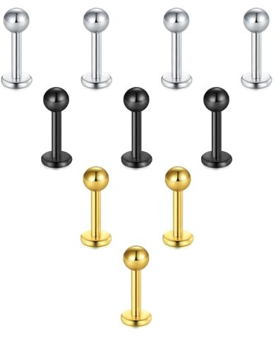 Briana Williams 10er Edelstahl Lippenpiercing Silber Schwarz Gold 6mm Stecker mit Kugel Ohr Tragus Labret Helix Piercing Schmuck