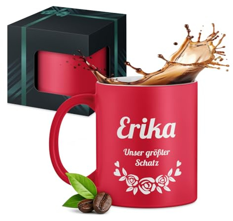 Maverton Keramikbecher 330ml mit Gravur - Kaffeetasse mit funktionellem Henkel - personalisierter Kaffeebecher für Frauen zum Geburtstag - Becher zu Weihnachten - matt rot/innen weiß - Schatz