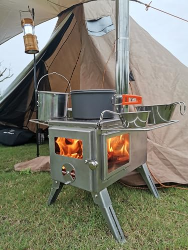 DWD® Mangrove Camping Stove Outdoor Portable Wood Log Burner Stove with Flue, Spark Cap, Oven Shelf Large Glass Windows on FireBox Side Racks, Food Grade Stainless Steel 304 with Carry Bag, gloves